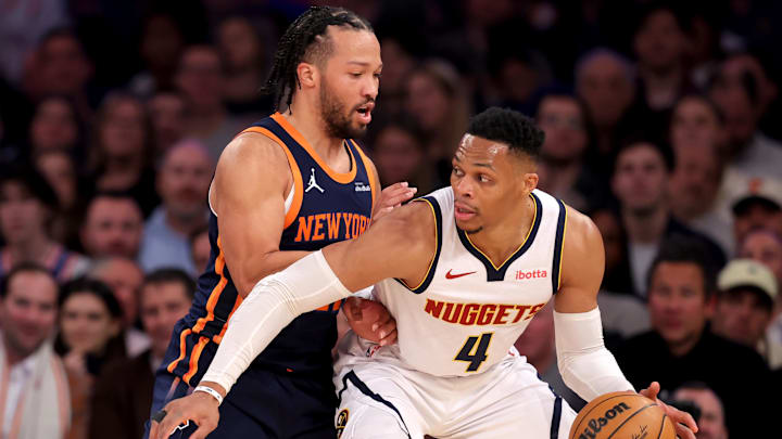 Denver Nuggets guard Russell Westbrook controls the ball against New York Knicks guard Jalen Brunson. Denver Nuggets guard Russell Westbrook controls the ball against New York Knicks guard Jalen Brunson.