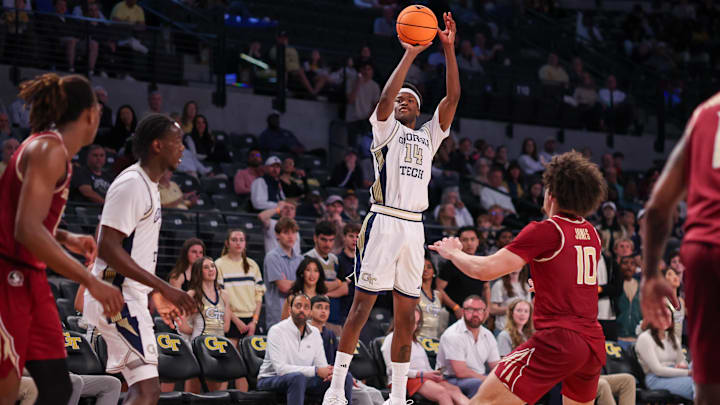 Feb 28, 2026; Atlanta, Georgia, USA; Georgia Tech Yellow Jackets forward Kowacie Reeves Jr. (14) shoots against the Florida State Seminoles in the second half at McCamish Pavilion. Mandatory Credit: Brett Davis-Imagn Images
Feb 28, 2026; Atlanta, Georgia, USA; Georgia Tech Yellow Jackets forward Kowacie Reeves Jr. (14) shoots against the Florida State Seminoles in the second half at McCamish Pavilion. Mandatory Credit: Brett Davis-Imagn Images