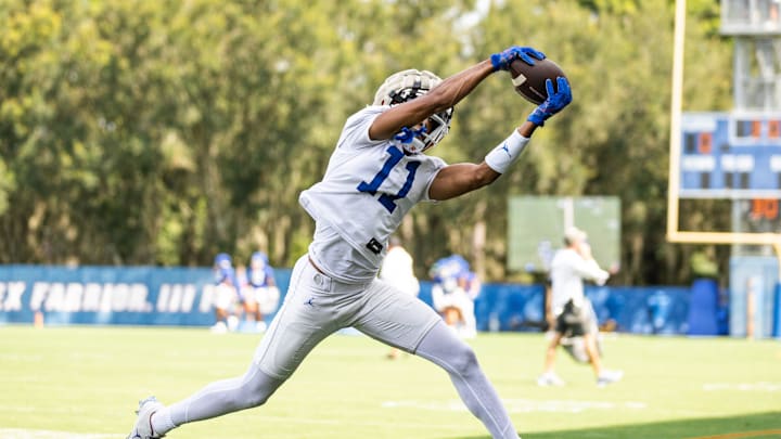 Florida Gators wide receiver Aidan Mizell (11) makes a catch during fall football practice at Heavener Football Complex at the University of Florida in Gainesville, FL on Wednesday, July 31, 2024. [Matt Pendleton/Gainesville Sun]