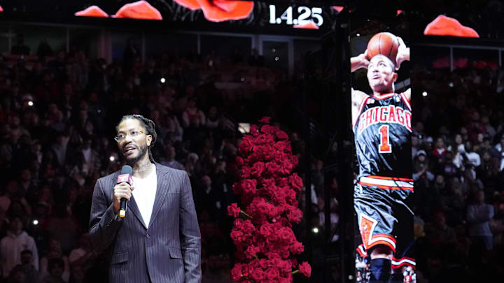 Jan 4, 2025; Chicago, Illinois, USA; Chicago Bulls and New York Knicks former player Derrick Rose speaks as he is honored at halftime of a game between the Chicago Bulls and the New York Knicks at United Center. Mandatory Credit: David Banks-Imagn Images