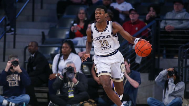 Mar 2, 2024; Atlanta, Georgia, USA; Georgia Tech Yellow Jackets guard Kowacie Reeves Jr. (14) dribbles against the Florida State Seminoles in the first half at McCamish Pavilion. Mandatory Credit: Brett Davis-Imagn Images