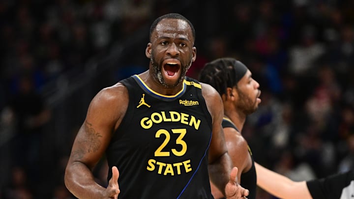 Feb 10, 2025; Milwaukee, Wisconsin, USA; Golden State Warriors forward Draymond Green (23) reacts after getting a technical foul against the Milwaukee Bucks in the third quarter at Fiserv Forum. Mandatory Credit: Benny Sieu-Imagn Images Feb 10, 2025; Milwaukee, Wisconsin, USA; Golden State Warriors forward Draymond Green (23) reacts after getting a technical foul against the Milwaukee Bucks in the third quarter at Fiserv Forum. Mandatory Credit: Benny Sieu-Imagn Images