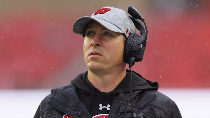 Nov 5, 2022; Madison, Wisconsin, USA;  Wisconsin Badgers head coach Jim Leonhard looks on during the first quarter against the Maryland Terrapins at Camp Randall Stadium. Mandatory Credit: Jeff Hanisch-Imagn Images