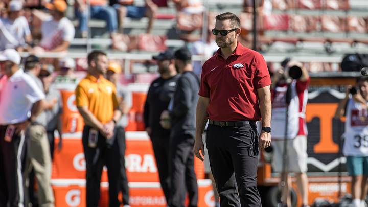 Oct 10, 2026; Fayetteville, Arkansas, USA; Arkansas Razorbacks head coach Ryan Silverfield watches his team warmup before the game against the Tennessee Volunteers at Donald W. Reynolds Razorback Stadium. Mandatory Credit: Brett Rojo-Imagn Images Oct 10, 2026; Fayetteville, Arkansas, USA; Arkansas Razorbacks head coach Ryan Silverfield watches his team warmup before the game against the Tennessee Volunteers at Donald W. Reynolds Razorback Stadium. Mandatory Credit: Brett Rojo-Imagn Images