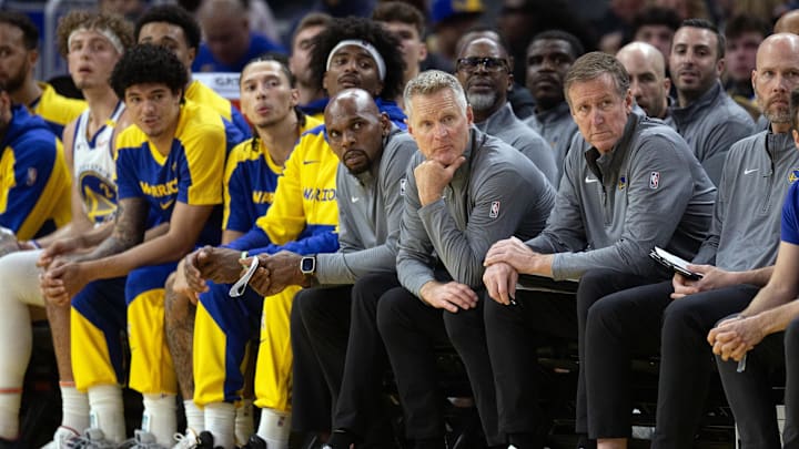 Oct 11, 2024; San Francisco, California, USA; Golden State Warriors head coach Steve Kerr watches his team take on the Sacramento Kings during the third quarter at Chase Center. Mandatory Credit: D. Ross Cameron-Imagn Images
