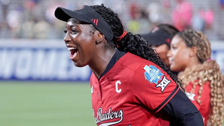Texas Tech pitcher Nijaree Canady (24) and Texas Tech players celebrate beating Alabama at the Women’s College World Series at Devon Park in Oklahoma City, on Monday, June 1, 2026. Texas Tech pitcher Nijaree Canady (24) and Texas Tech players celebrate beating Alabama at the Women’s College World Series at Devon Park in Oklahoma City, on Monday, June 1, 2026.