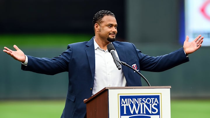 Johan Santana reacts as he is inducted into the Minnesota Twins Hall of Fame before the game against the Kansas City Royals at Target Field in 2018.