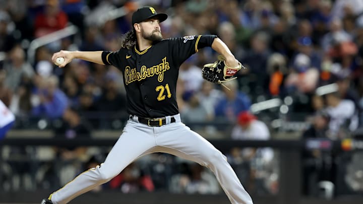 Sep 15, 2022; New York City, New York, USA; Pittsburgh Pirates starting pitcher JT Brubaker pitches against the New York Mets during the first inning at Citi Field. Mandatory Credit: Brad Penner-Imagn Images