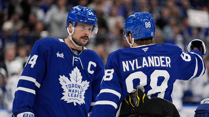 Dec 8, 2025; Toronto, Ontario, CAN; Toronto Maple Leafs forward William Nylander (88) and forward Auston Matthews (34) discuss a play against the Tampa Bay Lightning during the first period at Scotiabank Arena. Mandatory Credit: John E. Sokolowski-Imagn Images