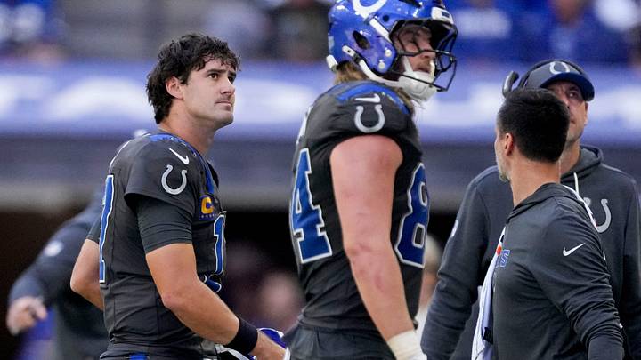 Indianapolis Colts quarterback Daniel Jones (17) walks off the field following a fumble Sunday, Sept. 27, 2026, during a game against the Houston Texans at Lucas Oil Stadium in Indianapolis. Indianapolis Colts quarterback Daniel Jones (17) walks off the field following a fumble Sunday, Sept. 27, 2026, during a game against the Houston Texans at Lucas Oil Stadium in Indianapolis.