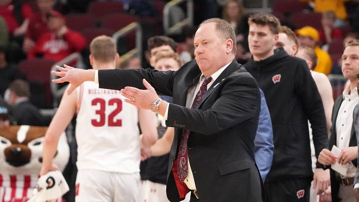 Mar 12, 2026; Chicago, IL, USA; Wisconsin Badgers head coach Greg Gard gestures to his team against the Washington Huskies during the second half at United Center. Mandatory Credit: David Banks-Imagn Images