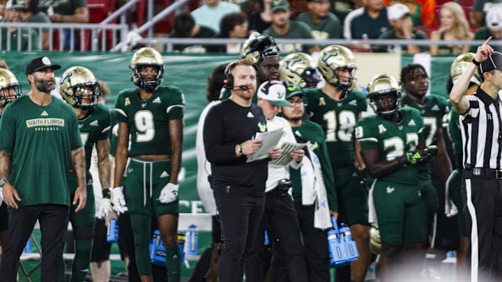 Sep 9, 2023; Tampa, Florida, USA; South Florida Bulls head coach Alex Golesh watching the game against Florida A&M Rattlers in the during the second quarter at Raymond James Stadium. Mandatory Credit: Morgan Tencza-Imagn Images