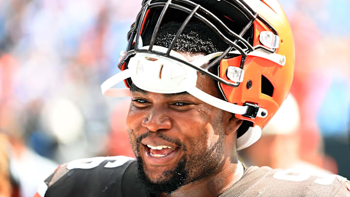 Sep 11, 2022; Charlotte, North Carolina, USA;  Cleveland Browns defensive tackle Jordan Elliott (96) on the sidelines in the third quarter at Bank of America Stadium. Mandatory Credit: Bob Donnan-Imagn Images