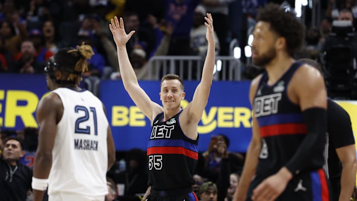 Mar 13, 2026; Detroit, Michigan, USA;  Detroit Pistons forward Duncan Robinson (55) celebrates in the second half against the Memphis Grizzlies at Little Caesars Arena. Mandatory Credit: Rick Osentoski-Imagn Images
