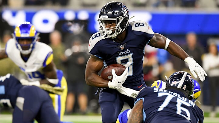 Tennessee Titans running back Adrian Peterson (8) spins out of a tackle during the first quarter at SoFI Stadium Sunday, Nov. 7, 2021 in Inglewood, Calif.
Titans Rams 040 Tennessee Titans running back Adrian Peterson (8) spins out of a tackle during the first quarter at SoFI Stadium Sunday, Nov. 7, 2021 in Inglewood, Calif.
Titans Rams 040