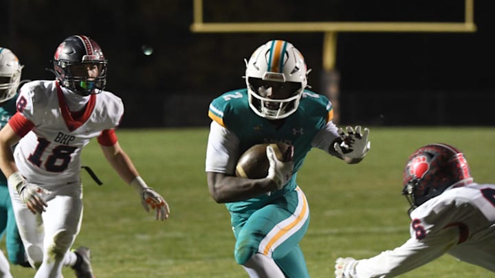 Belton-Honea Path (BHP) (12-1) took on Mountain View Prep (12-0) in the South Carolina High School AAA semifinal at Hillcrest High School on Dec. 6, 2024. Belton-Honea Path won the game 30-22. Mountain View Preparatory junior Jaylen McGill (2) with the ball on a play.