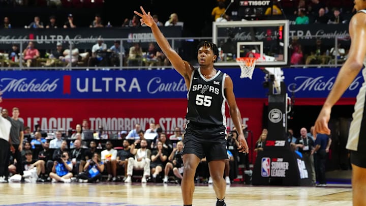 Jul 13, 2024; Las Vegas, NV, USA; San Antonio Spurs forward Harrison Ingram (55) gestures after scoring against the Portland Trail Blazers during the first quarter at Thomas & Mack Center. Mandatory Credit: Stephen R. Sylvanie-Imagn Images