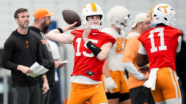 Tennessee quarterback George MacIntyre (15) during the Vols' spring football practice in Knoxville on March 17, 2026.