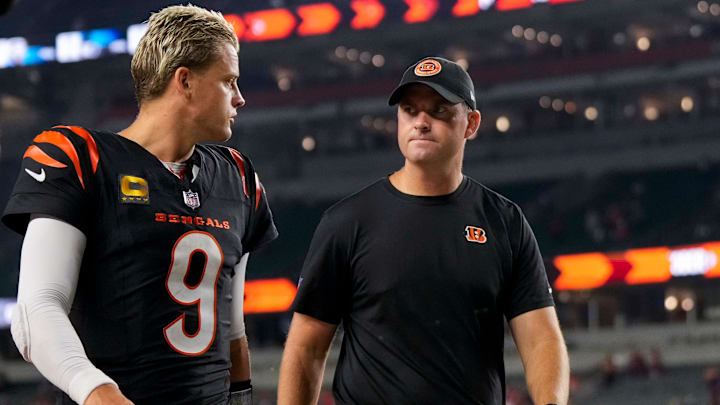 Cincinnati Bengals quarterback Joe Burrow (9) and head coach Zac Taylor head for the locker room after the fourth quarter of the NFL Week 3 game between the Cincinnati Bengals and the Washington Commanders at Paycor Stadium in downtown Cincinnati on Monday, Sept. 23, 2024. The Bengals remain winless after a 38-33 loss to Washington. Cincinnati Bengals quarterback Joe Burrow (9) and head coach Zac Taylor head for the locker room after the fourth quarter of the NFL Week 3 game between the Cincinnati Bengals and the Washington Commanders at Paycor Stadium in downtown Cincinnati on Monday, Sept. 23, 2024. The Bengals remain winless after a 38-33 loss to Washington.