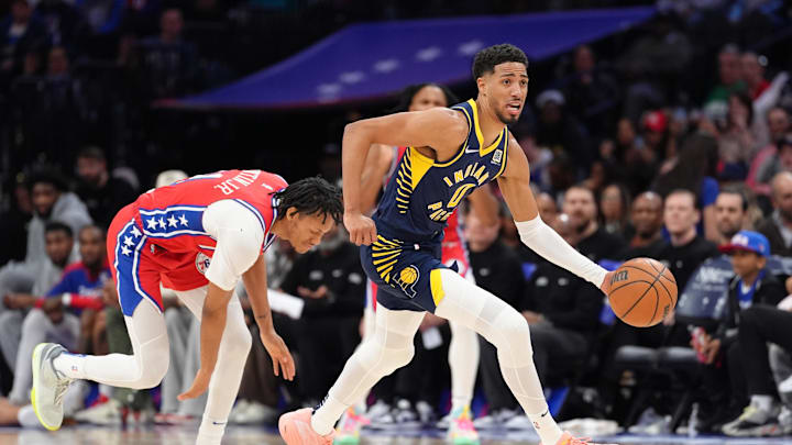 Mar 14, 2025; Philadelphia, Pennsylvania, USA; Indiana Pacers guard Tyrese Haliburton (0) drives with the ball against the Philadelphia 76ers in the third quarter at Wells Fargo Center. Mandatory Credit: Kyle Ross-Imagn Images