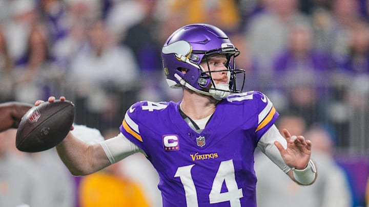 Minnesota Vikings quarterback Sam Darnold passes against Green Bay Packers.