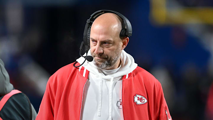 Jan 21, 2024; Orchard Park, New York, USA; Kansas City Chiefs offensive coordinator Matt Nagy on the sidelines in the second half of a 2024 AFC divisional round game against the Buffalo Bills at Highmark Stadium. Mandatory Credit: Mark Konezny-Imagn Images