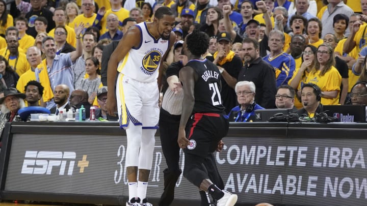 April 13, 2019; Oakland, CA, USA; Golden State Warriors forward Kevin Durant (35) reacts after LA Clippers guard Patrick Beverley (21) loses the ball out of bounds during the fourth quarter in game one of the first round of the 2019 NBA Playoffs at Oracle Arena. Mandatory Credit: Kyle Terada-USA TODAY Sports April 13, 2019; Oakland, CA, USA; Golden State Warriors forward Kevin Durant (35) reacts after LA Clippers guard Patrick Beverley (21) loses the ball out of bounds during the fourth quarter in game one of the first round of the 2019 NBA Playoffs at Oracle Arena. Mandatory Credit: Kyle Terada-USA TODAY Sports