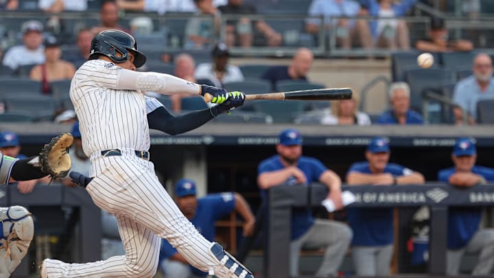 New York Yankees right fielder Juan Soto (22) double during the eighth inning against the Toronto Blue Jays at Yankee Stadium on Aug 4.