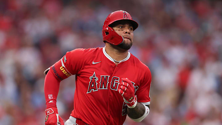 Jul 19, 2025; Philadelphia, Pennsylvania, USA; Los Angeles Angels third base Yoan Moncada (5) runs the bases after hitting a home run during the sixth inning against the Philadelphia Phillies at Citizens Bank Park. Mandatory Credit: Bill Streicher-Imagn Images