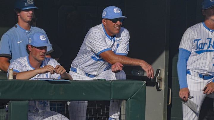 May 31, 2024; Chapel Hill, NC, USA; North Carolina Head Coach Scott Forbes during the NCAA regional against the LIU Sharks in Chapel Hill, NC. Mandatory Credit: Jim Dedmon-Imagn Images
