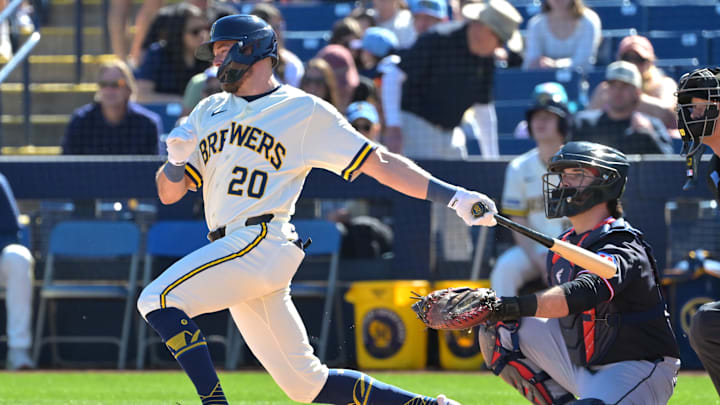 Feb 21, 2026; Phoenix, Arizona, USA; Milwaukee Brewers left fielder Brandon Lockridge (20) hits a solo home run in the second inning against the Cleveland Guardians at American Family Fields of Phoenix. Mandatory Credit: Jayne Kamin-Oncea-Imagn Images Feb 21, 2026; Phoenix, Arizona, USA; Milwaukee Brewers left fielder Brandon Lockridge (20) hits a solo home run in the second inning against the Cleveland Guardians at American Family Fields of Phoenix. Mandatory Credit: Jayne Kamin-Oncea-Imagn Images