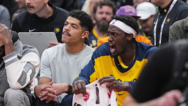 Nov 18, 2024; Toronto, Ontario, CAN; Indiana Pacers forward Pascal Siakam (43) reacts at the bench against the Toronto Raptors during the second quarter at Scotiabank Arena. Mandatory Credit: Nick Turchiaro-Imagn Images