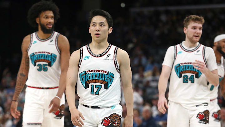 Apr 13, 2025; Memphis, Tennessee, USA; Memphis Grizzlies guard Yuki Kawamura (17) looks on during the third quarter against the Dallas Mavericks at FedExForum. Mandatory Credit: Petre Thomas-Imagn Images