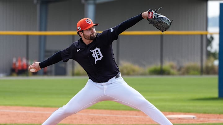 Detroit Tigers pitcher Casey Mize throws live batting practice during spring training at TigerTown in Lakeland, Florida. Detroit Tigers pitcher Casey Mize throws live batting practice during spring training at TigerTown in Lakeland, Florida.