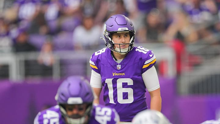 Aug 16, 2025; Minneapolis, Minnesota, USA; Minnesota Vikings place kicker Will Reichard (16) lines up a field goal against the New England Patriots in the third quarter at U.S. Bank Stadium. Mandatory Credit: Brad Rempel-Imagn Images