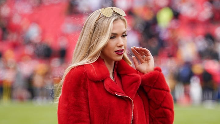 Gracie Hunt on field prior to a game between the Kansas City Chiefs and Las Vegas Raiders at GEHA Field at Arrowhead Stadium. 