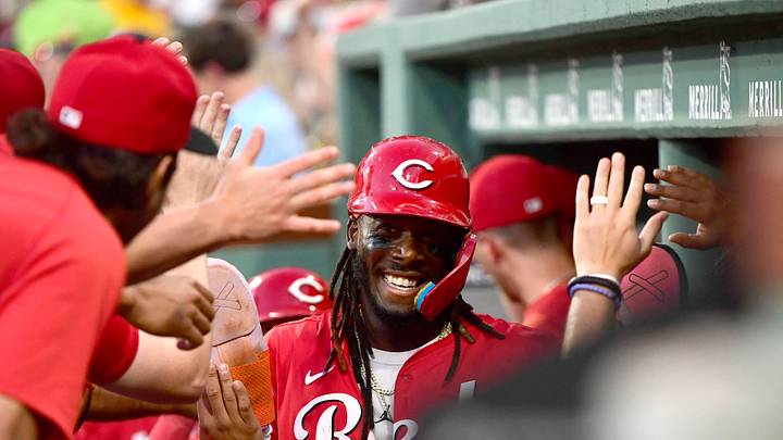 Jun 30, 2025; Boston, Massachusetts, USA; Cincinnati Reds shortstop Elly De La Cruz (44) is greeted in the dugout after scoring a run during the fourth inning against the Boston Red Sox at Fenway Park. Mandatory Credit: Bob DeChiara-Imagn Images