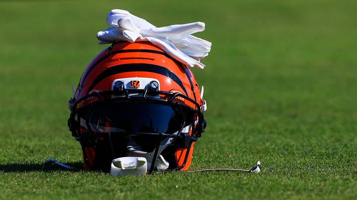 Jul 23, 2025; Cincinnati, OH, USA; A general view of a Cincinnati Bengals helmet during training camp at Kettering Health Practice Field. Mandatory Credit: Katie Stratman-Imagn Images Jul 23, 2025; Cincinnati, OH, USA; A general view of a Cincinnati Bengals helmet during training camp at Kettering Health Practice Field. Mandatory Credit: Katie Stratman-Imagn Images