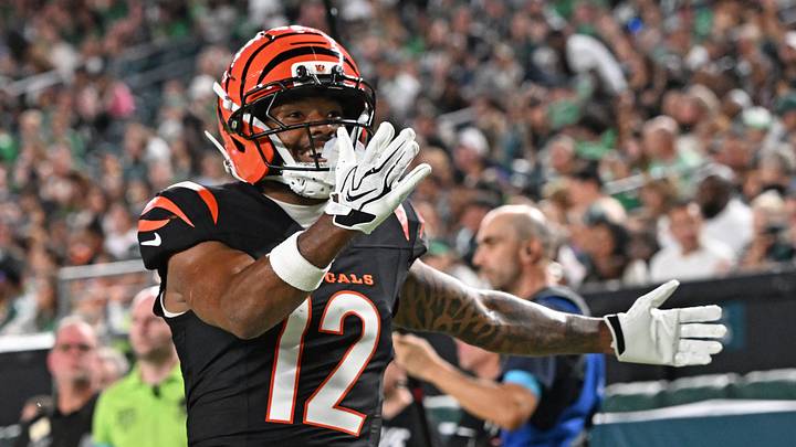Aug 28, 2026; Philadelphia, Pennsylvania, USA; Cincinnati Bengals wide receiver Ke'shawn Williams (12) celebrates his touchdown catch against the Philadelphia Eagles during the second half at Lincoln Financial Field. Mandatory Credit: Eric Hartline-Imagn Images Aug 28, 2026; Philadelphia, Pennsylvania, USA; Cincinnati Bengals wide receiver Ke'shawn Williams (12) celebrates his touchdown catch against the Philadelphia Eagles during the second half at Lincoln Financial Field. Mandatory Credit: Eric Hartline-Imagn Images