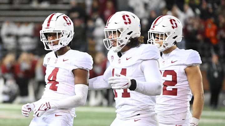 Nov 4, 2023; Pullman, Washington, USA; Stanford Cardinal linebacker Wilfredo Aybar (14) celebrates after a play against the Washington State Cougars in the second half at Gesa Field at Martin Stadium. Stanford won 10-7. Mandatory Credit: James Snook-Imagn Images Nov 4, 2023; Pullman, Washington, USA; Stanford Cardinal linebacker Wilfredo Aybar (14) celebrates after a play against the Washington State Cougars in the second half at Gesa Field at Martin Stadium. Stanford won 10-7. Mandatory Credit: James Snook-Imagn Images
