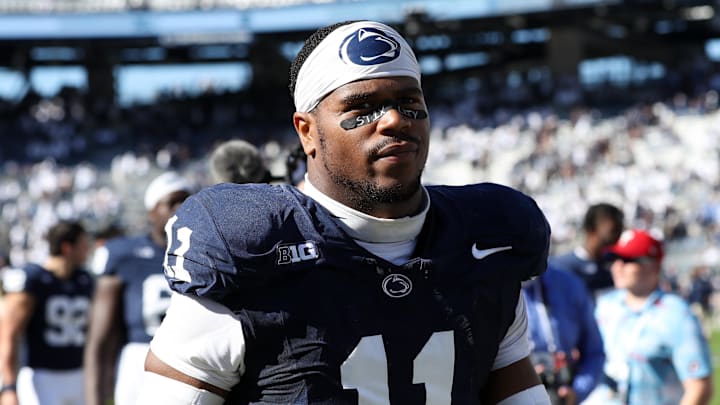 Oct 5, 2024; University Park, Pennsylvania, USA; Penn State Nittany Lions defensive end Abdul Carter (11) walks off the field following the game against the UCLA Bruins at Beaver Stadium. Mandatory Credit: Matthew O'Haren-Imagn Images