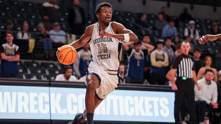 Feb 11, 2026; Atlanta, Georgia, USA; Georgia Tech Yellow Jackets forward Kowacie Reeves Jr. (14) drives to the basket against the Wake Forest Demon Deacons in the second quarter at McCamish Pavilion. Mandatory Credit: Brett Davis-Imagn Images