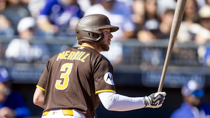 Feb 22, 2026; Peoria, Arizona, USA; San Diego Padres outfielder Jackson Merrill against the Los Angeles Dodgers during a spring training game at Peoria Sports Complex. Mandatory Credit: Mark J. Rebilas-Imagn Images