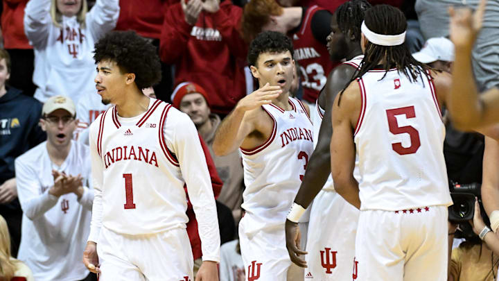 Jan 26, 2025; Bloomington, Indiana, USA; Indiana Hoosiers guard Myles Rice (1) and Indiana Hoosiers guard Anthony Leal (3) celebrate after a play during the second half  against the Maryland Terrapins at Simon Skjodt Assembly Hall. Mandatory Credit: Robert Goddin-Imagn Images