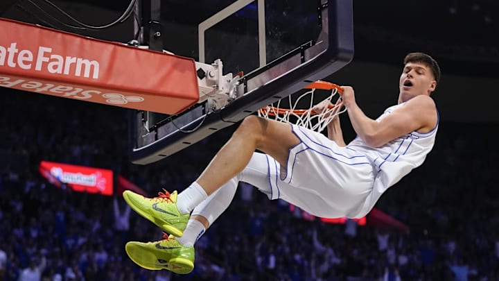 Feb 21, 2026; Provo, Utah, USA; BYU Cougars forward Mihailo Boskovic (5) dunks during the first half against the Iowa State Cyclones at Marriott Center. Mandatory Credit: Aaron Baker-Imagn Images Feb 21, 2026; Provo, Utah, USA; BYU Cougars forward Mihailo Boskovic (5) dunks during the first half against the Iowa State Cyclones at Marriott Center. Mandatory Credit: Aaron Baker-Imagn Images
