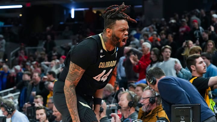 Colorado Buffaloes center Eddie Lampkin Jr. (44) celebrates the upset win against the Florida Gators