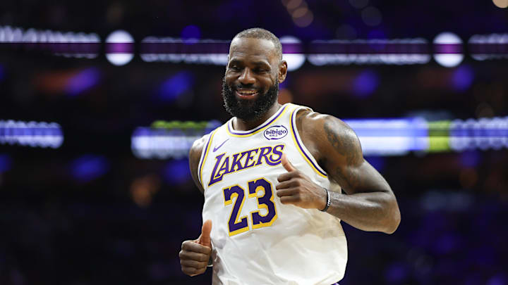 Dec 7, 2025; Philadelphia, Pennsylvania, USA; Los Angeles Lakers forward Lebron James (23) reacts after a play against the Philadelphia 76ers during the second quarter at Xfinity Mobile Arena. Mandatory Credit: Bill Streicher-Imagn Images Dec 7, 2025; Philadelphia, Pennsylvania, USA; Los Angeles Lakers forward Lebron James (23) reacts after a play against the Philadelphia 76ers during the second quarter at Xfinity Mobile Arena. Mandatory Credit: Bill Streicher-Imagn Images