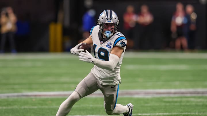 Carolina Panthers wide receiver Adam Thielen runs after a catch against the Atlanta Falcons