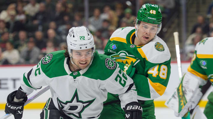 Dec 11, 2025; Saint Paul, Minnesota, USA; Dallas Stars center Mavrik Bourque (22) and Minnesota Wild defenseman Daemon Hunt (48) collide in the second period at Grand Casino Arena. Mandatory Credit: Matt Blewett-Imagn Images Dec 11, 2025; Saint Paul, Minnesota, USA; Dallas Stars center Mavrik Bourque (22) and Minnesota Wild defenseman Daemon Hunt (48) collide in the second period at Grand Casino Arena. Mandatory Credit: Matt Blewett-Imagn Images