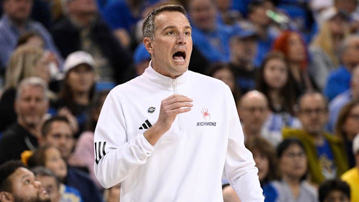Mar 23, 2025; Los Angeles, California, USA; Richmond Spiders head coach Aaron Roussell during an NCAA Tournament second round game against the UCLA Bruins at Pauley Pavilion presented by Wescom. Mandatory Credit: Robert Hanashiro-Imagn Images